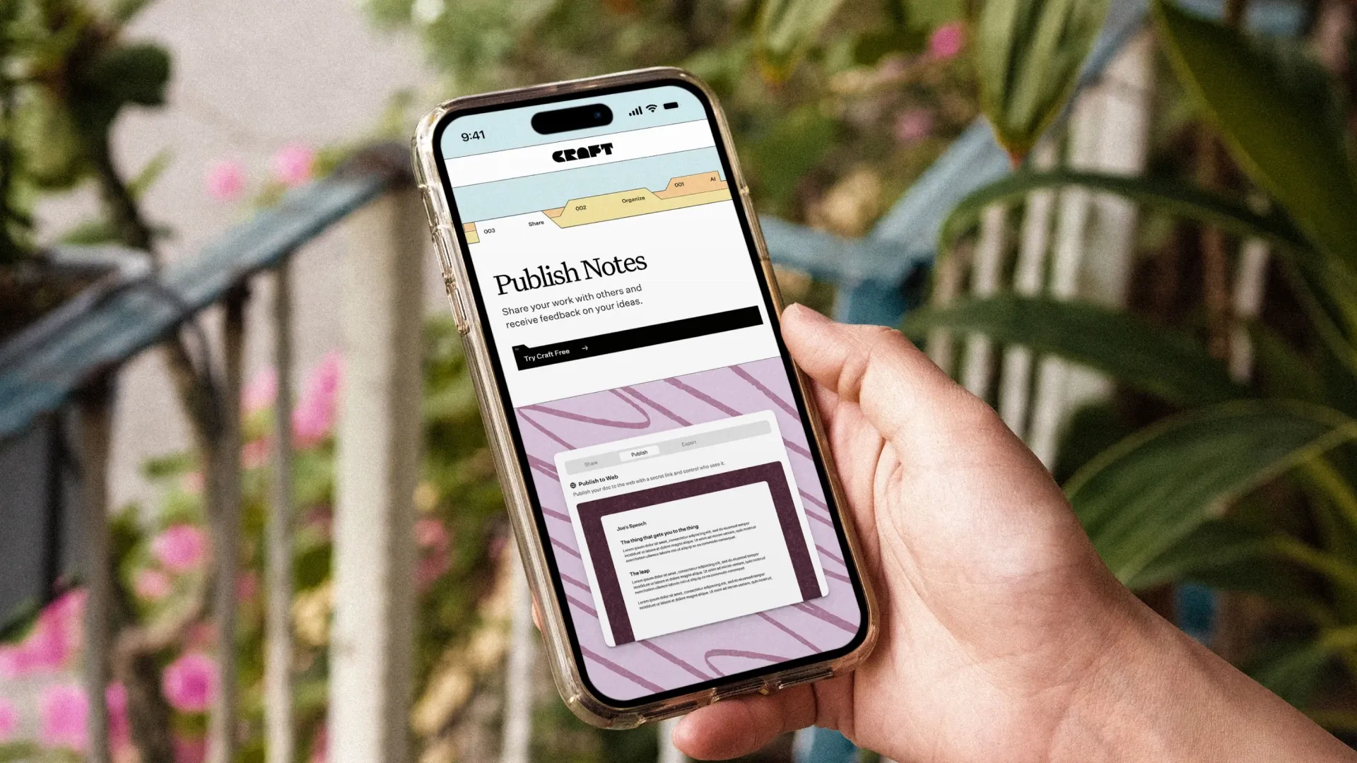 Craft app shown on a phone held outdoors